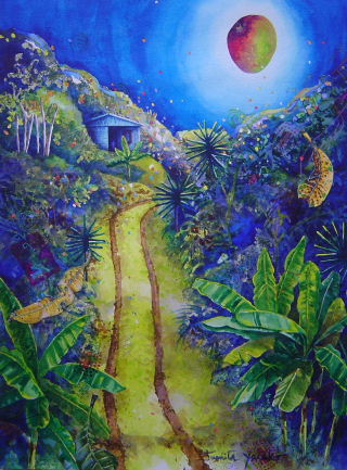 Acrylic painitng of pathway leading to house in tropical mountains with shining mango moon by artist Jan Yatsko, resident of Costa Rica