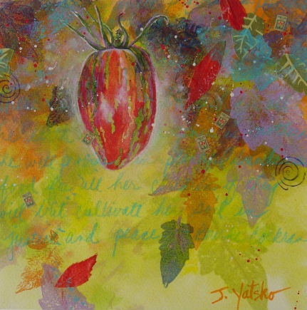 Striped roma heirloom tomato painting depicting small tomato at end of season by artist Jan Yatsko