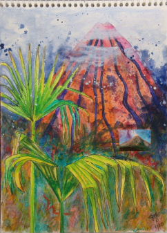 Journal page of Arenal volcano by Jan Yatsko.  Volcano image done by memory.