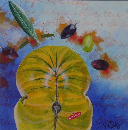 Painting by artist Jan Yatsko of green zebra heirloom tomato and olives