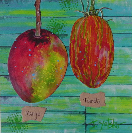 Costa Rican mango and a striped roma heirloom tomato painting by artist Jan Yatsko