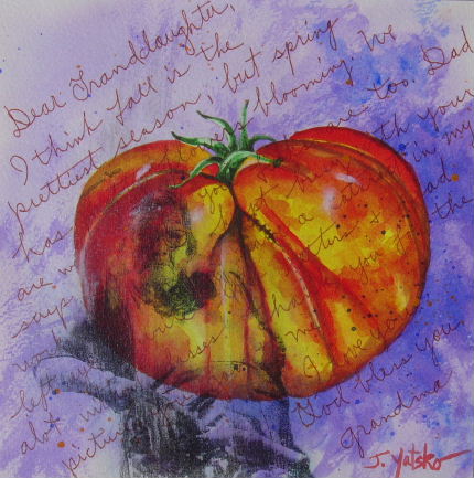 Pineapple heirloom tomato painting with image transfer by Jan Yatsko