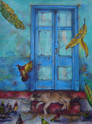 Mixed media acrylic painitng of dog sleeping on doorsteps in San Jose, Costa Rica with pigeons around him contemplating whether they should scare him, by artist Jan Yatsko, resident of Costa Rica