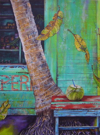 Acryic painting of coconut palm and coconut (pipa) cut to drink with mango leaves, painted by Aritst Jan Yatsko