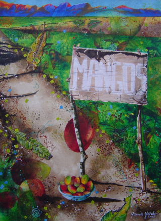 Acrylic painting of cardboard, Mangos for Sale, sign along road to Jaco, Costa Rica, art by Jan Yatsko