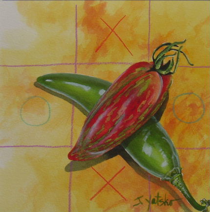 Jalapeo pepper and striped roma heirloom tomato painting by artist Jan Yatsko