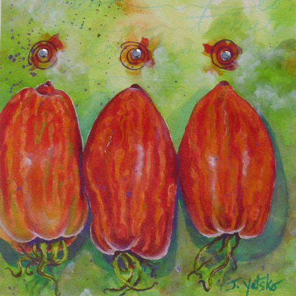 Painting by artist Jan Yatsko of three striped roma heirloom tomatoes