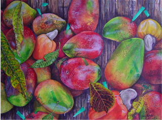 Acrylic painting of Mangos and cashew fruit found at outdoor farmers market in Atenas, Costa Rica, Painting by Jan Yatsko