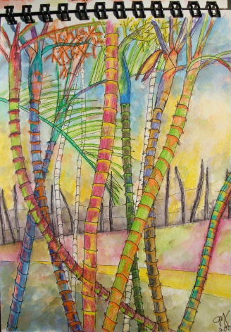 Painting of palm trees found in Atenas, Costa Rica by Jan Yatsko in her art journal