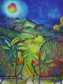 Acrylic painting of traditional Costa Rican woven rocking chairs overlooking mountains and mango moon in night sky, by artist Jan Yatsko, resident of Atenas, Costa Rica