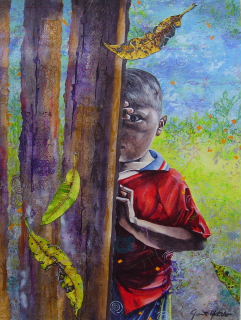 Mixed media acrylic painting of Costa Rican Maleku Indian boy peeking from behind old wooden building, by artist Jan Yatsko