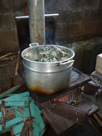 Homemade tamales cooking in a big pot over a wood fire in Atenas, Costa Rica