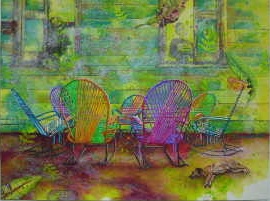 Acrylic painting of group of traditional Costa Rican woven rocking chairs, Art by Jan Yatsko